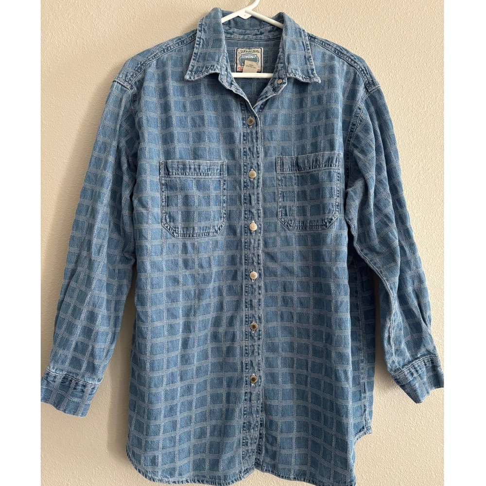 Vintage Denim Shirt Womens 16 Blue 100% Cotton Windowpane Western Festival Ranch